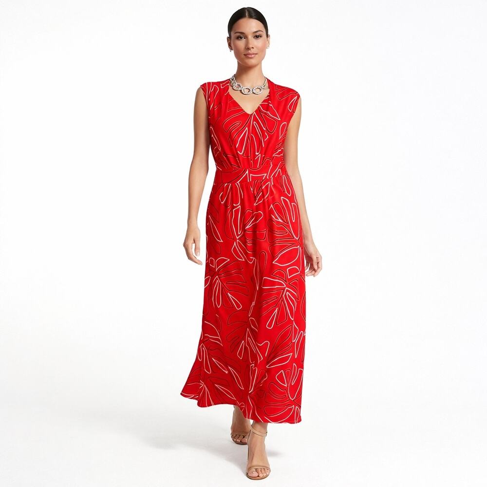 Chico’s Red Abstract Leaf Maxi Dress Petite 3 XL 16 18 Resort Vacation